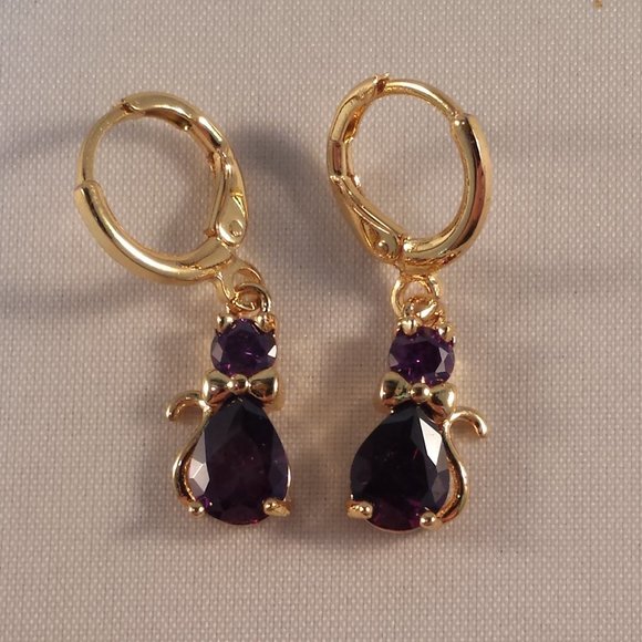 18K Gold Filled Cat Diamond Zircon Purple Dangle Earrings Women's Party Gift - Picture 2 of 3
